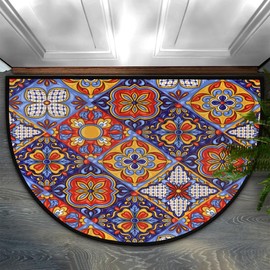 Mexican Purple Tile Half Round Door Mat Non-Slip Half Circle Area Rug 24" x 36" Decor Indoor Entrance Doormat Washable Welcome Mats for Home Bedroom Kitchen Living Room High Traffic Areas