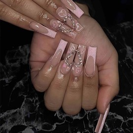 RikView French Tip Press on Nails Long Fake Nails Square Acrylic Nails Pink Nails for Women 24 PCs/Set(Long Square Pink)