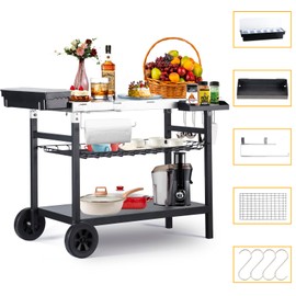 Pittazero Outdoor Grill Cart,3-Shelf Movable Kitchen Cooking Prep BBQ Cart with Wheels,Outdoor Grill Stand with Seasoning Box,Spice Box,Paper Towel Holder and 4 Hooks, Indoor Outdoor Cooking Station