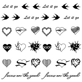 Oottati Small Cute Temporary Tattoo Sticker Set of 2 - Swallow Heart Gun Chain Let It Go Designs for Hand Neck Face Wrist Finger, Waterproof Fake Body Art, Simple & Modern Unisex Skin Decals