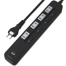 SAYBOUR USB Tap, USB-C 1 Port, USB-A, 1 Port, 4 Outlets, Power Strip, Lightning Guard, Outlet, Energy Saving, Individual Switch, PSE Certified (6.6 ft (2 m), Black)