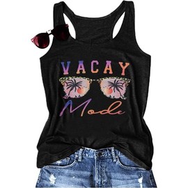 TOUCHKINN Vacay Mode Tank Top Women Sunglasses Beach Racerback Tanks Hawaiian Summer Sleeveless Casual Tee Shirt Black