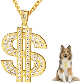 FUNKA Gold Chain Dog Collar Adjustable Cuban Link Dog Necklace with Crystal Dollar Sign Pendant Cute Fashion Pet Jewelry Chain Puppy Cat Costume Outfits Accessories with Extender Chain