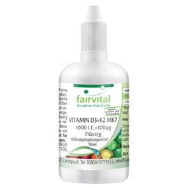 Fairvital Vitamin D3+K2 Drops - 50 ml - All-Trans MK7 - Highly Bioavailable Vitamin D3 - Quality Tested and High Dose - 100% Vegan - Made in Germany