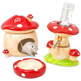 BNOSDM 3 in 1 Ceramic Hamster Hideout Hamster Food Bowl Hamster Water Bottle with Stand for Glass Tanks - Mushroom Shape Hamster Cage Accessories Cool Hides for Dwarf Syrian Mice Gerbils (Red)