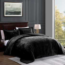 TAMGHO Crushed Velvet Comforter, Black Queen Comforter Set, Luxury Soft Velvet Bedding Set for All Seasons, 3pc Black Bed Set Queen, 1 Comforter (92"x96") and 2 Pillow Shams (20"x26"+2")