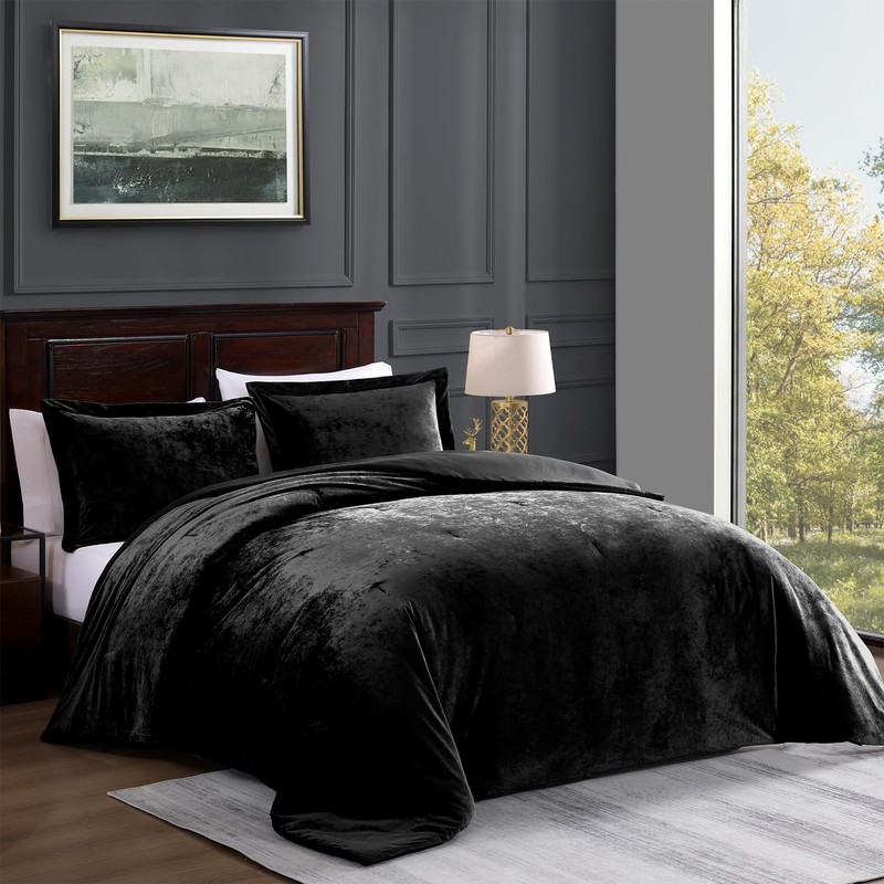 TAMGHO Crushed Velvet Comforter, Black Queen Comforter Set, Luxury Soft