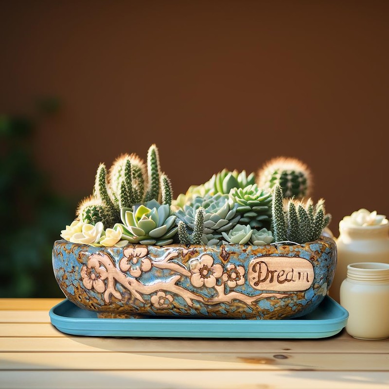 MUZHI 9.5” Rectangular Ceramic Rustic Bonsai Planter Pots with Drip