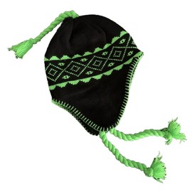Nayt Men's Peruvian Helmet Style Earflap Strings Beanie Knit Hat (Black Neon Green)