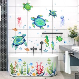 Condessacity Wall Stickers Sea in the Sea Cute Sea Creatures Stickers Turtle Hippocampus Seaweed Kids Room Sticker Waterproof Bath Poster Decor Bathroom Wallpaper Painting Kindergarten Wallpaper