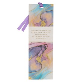 Purple Marble Swirl Premium Scripture Bookmark Clothed with Strength and Dignity Proverbs 31:25 Bible Verse Metallic Gold Accent Inspirational Bookmark for Women w/Satin Ribbon