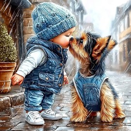 Bowetile Dog Diamond Art Kits for Adults Beginners, 5D Diamond Painting Boy Kiss Kits, DIY Full Round Drill Diamond Dots Paintings Picture Gem Art Craft Gifts for Home Wall Decor 12x12 Inch