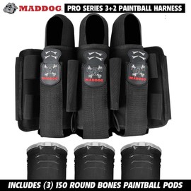 Maddog Pro 3+2 Paintball Harness Pod Pack with (3) 150 Round Bones Paintball Pods | Pod Ejection | Adjustable Elastic Velcro Belt