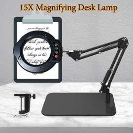15X Magnifying Glass Desk Lamp, LED Desk Lamp with Base and Clamp, 5 Color Mode, 10 Stepless Dimmable, 84 Leds, 4.2" Diameter Real Glass Lens Magnifying Glass Lamp for Reading Close Work Repair Sewing
