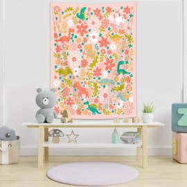 Cute Dinosaur Kids Tapestry Pastel Pink Cartoon Wall Hanging for Girls Toddler, Colorful Fun Kids Room Decoration, Nursery Wall Art for Children Bedroom 30X40IN