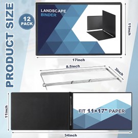 Henoyso 12 Pcs 11'' x 17'' Landscape Binder Bulk with Fastener, 3" Capacity Presentation Binder Folder Plastic Report Cover with Clear Pocket for School Portfolio Business Document Proposals(Black)