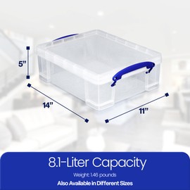 Really Useful Box Stackable 8.1 Liter Plastic Storage Container Bin with Snap Lid & Built-In Clip Lock Handles for Home & Office Organization (5 Pack)