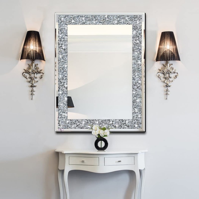 QMDECOR Crystal Crush Diamond Rectangle Silver Mirror for Wall Decoration