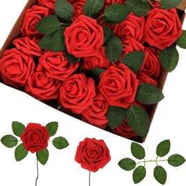 AojSup 50 Pcs Red Fake Roses Artificial Flowers with Stems, Valentine's Day Gifts, Real Touch Foam Rose Bulk Faux Flowers for DIY Wedding Bouquets Centerpiece Bridal Shower Party Home Valentine Decor