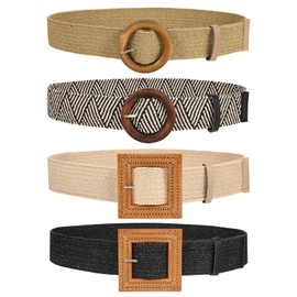 JASGOOD 4 Pack Women Skinny Elastic Dress Belt, Straw Woven Stretchy Waistband Fashion Wooden Style Buckle,Black+Beige+Stripe+Khaki