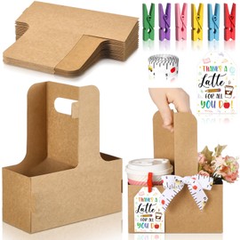18 Set Teacher Appreciation Gifts Thank You 2 Cup Drink Carrier with Handle Kraft Paperboard Cup Holder with Clips Labels for Teacher Back to School Birthday Gifts(Thank You)