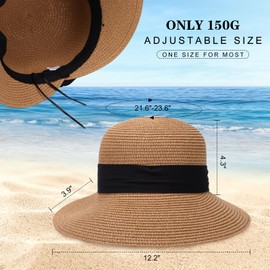 Fjquamitix Wide Brim Straw Sun Hat for Women, Ladies Sun Hat with Ribbon Detail for Summer Beach Poolside Holiday, Straw Cap for Sun Protection (DE/NL/SE/PL, Alpha, One Size, Brown)