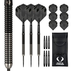 Darts Corner D0789 BlackFin | 22g Darts Set with Premium 90% Tungsten Straight Barrel and Steel Tip Including 6 Flights, 6 Stems, Checkout Card and Storage Case, M1,Black