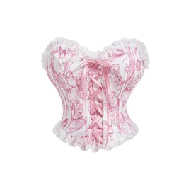 MakeMeChic Women's Floral Print Tube Top Lace Up Bandeau Frill Trim Strapless Vintage Tops Pink Large