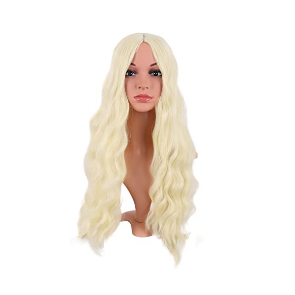 MapofBeauty 28 Inch/70 cm Long Wavy Middle Part with No Bangs Synthetic Fiber Curly Fashion Women Party Cosplay Wig (Light Blonde)