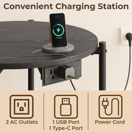 LIKIMIO Side Table, 23.6" W Round End Table with with Charging Station, Modern Wooden Nightstand for Small Spaces, Living Room, Bedroom, Black