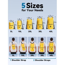 HEETA Waterproof Dry Bag with Front Zippered Pocket for Women Men, 5L/10L/20L/30L/40L Roll Top Lightweight Dry Storage Bag Backpack for Travel, Kayaking, Boating, Rafting, Camping, Beach(Yellow, 5L)