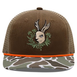 BASSDASH Camo Rope Trucker Hat Adjustable Embroidered Baseball Cap Mesh Back for Duck Deer Hunting Fly Fishing Camping, Brown/Hare Deer, One Size