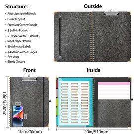 Clipboard Folio with Storage Clipboards Padfolio Notebook for Letter Size (11" x 8.5"), Pink Clipboards with 10 Pockets and 5 Folders Nursing Teacher School Essentials (Black)