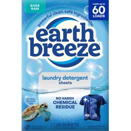 Earth Breeze Laundry Detergent Sheets River Rain - 60 Loads - Eco Laundry Sheets - Travel Laundry Detergent Soap Sheets for Hot & Cold Cycles - Tackles Tough Stains & Odors - Gentle on Skin, 30 Ct