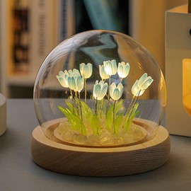 GL-Turelifes Crystal Ball Tulips Night Light, Glass Ball Flowers Night Lamp with Wooden Base, Women Tulips Gifts Birthday Valentine Flowers Gifts for Mom Girlfriend Sister Wife Her (Blue)