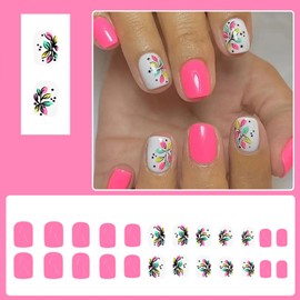 Pink Press on Nails Short Square Fake Nails with Flower Design Glue on Nails Glossy Spring Acrylic Nails Reusable Floral False Nails for Women Daily Manicure 24pcs