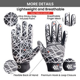 FINGER TEN American Football Gloves Youth Kids Ultra Tack Sticky Non-Slip Palm Receivers, Rugby Gloves Flexible Stretch Protection Waterproof Professional Fit Age 5-14 (Grey,Large)