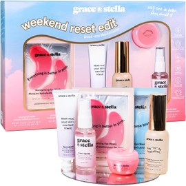 grace & stella Award Winning Weekend Reset Mothers Day Gifts for Mom - Travel Size Skin Care Set with Eye Masks, Hyaluronic Acid Serum, Lip Balm & More - Perfect Short Trips, Bachelorette Party - Vegan Sef Care