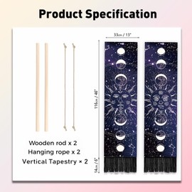 PLIGREAT 2 Pack Starry Sky Moon Phase Pattern Vertical Tapestry with Tassels Dark Blue Aesthetic Wall Hanging for Bedroom Living Room Office Home Decor Long Narrow Art Tapestry, 52" x 13"/130 x 33cm