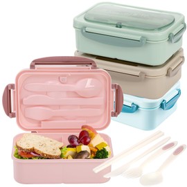 Dicunoy 4 Pack Bento Boxes, Lunch Box Containers with 3 Compartments, Easy Snack Boxes with Utensils for Salad, Adults, Work with Reusable Fork, Knife and Spoon