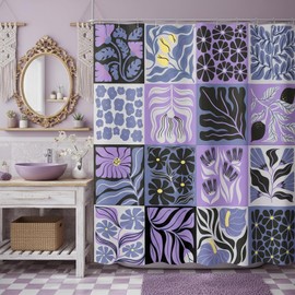 JAWO - Cortina de ducha retro clásico abstracto bohemio floral para decoración de baño, juego de cortinas de ducha con ganchos, diseño geométrico botánico y geométrico, diseño estético, 70 x 75