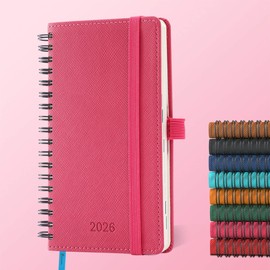 IN-LUXPRO Diary 2026 Planner: A6 Week to View (16.6x9.7cm)12 Months (Jan.-Dec.) Weekly & Monthly Planner with Month Tabs & Pocket, Expenses/Note Pages Spiral Softcover 100GSM Paper PU Leather Rose Red