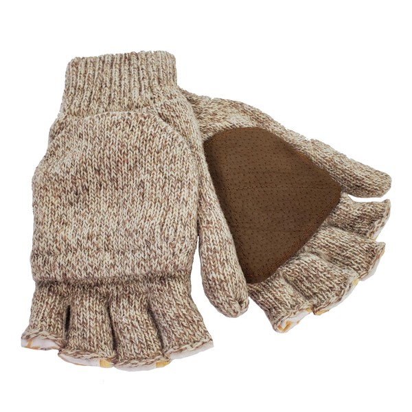 RefrigiWear Premium Insulated Fingerless Wool Convertible Gloves (Brown, Large)