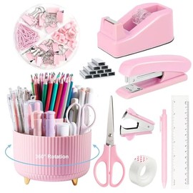 Pink Desk Accessories Office Supplies 360°Pen Holder Desk Organizers and Accessories with Tape Dispenser, Stapler, Staple Remover, 1000 Staples, Tape, Clips Set, Ruler, Scissor, Pen