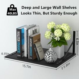 Deep Floating Wall Shelves - 4 Sets of 12 Inch Wide Black Wood Shelves for Bathroom, Bedroom, Kitchen, Living Room