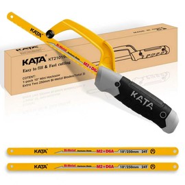 KATA Mini Hacksaw for Metal Cutting, Compact Hand Hack Saw Tool with 10 Inch Aluminum Frame and 2 Piece Extra Flexible Bi-Metal HSS Saw Blades, Small Handsaw Cutter for Wood, PVC, Iron, Copper