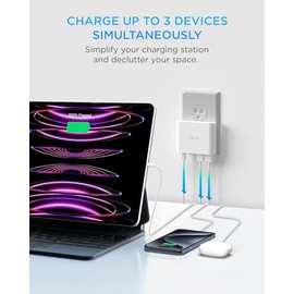 iHome Cargador de Pared USB multipuerto 32 W AC Pro: estación de Carga para Varios Dispositivos con 3 Puertos USB (1 USB-C, 2 USB-A): Carga rápida, co