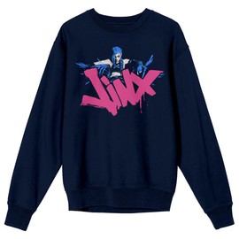 Arcane Jinx, Pink Moon, Graffiti Jinx Name and icon on Navy Adult Crew Neck-Large