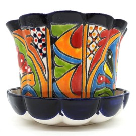 Talavera Pottery Store Violet Pot Planter with Saucer Large Hand Painted Indoor Outdoor Multi Colored Figure Glazed