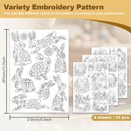 DOODLREAM 32Pcs Rabbit Flower Water Soluble Hand Sewing Stabilizers, 21 x 29.7cm Leaf Bunny Embroidery Pattern Stabilizer, 4 Sheets Floral Cows Stick and Stitch Embroidery Paper Sticker